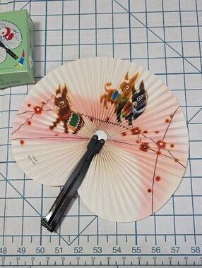 Chinese Paper Folding Hand Fan W/Metal Handle, VTG Mid-Century, #59